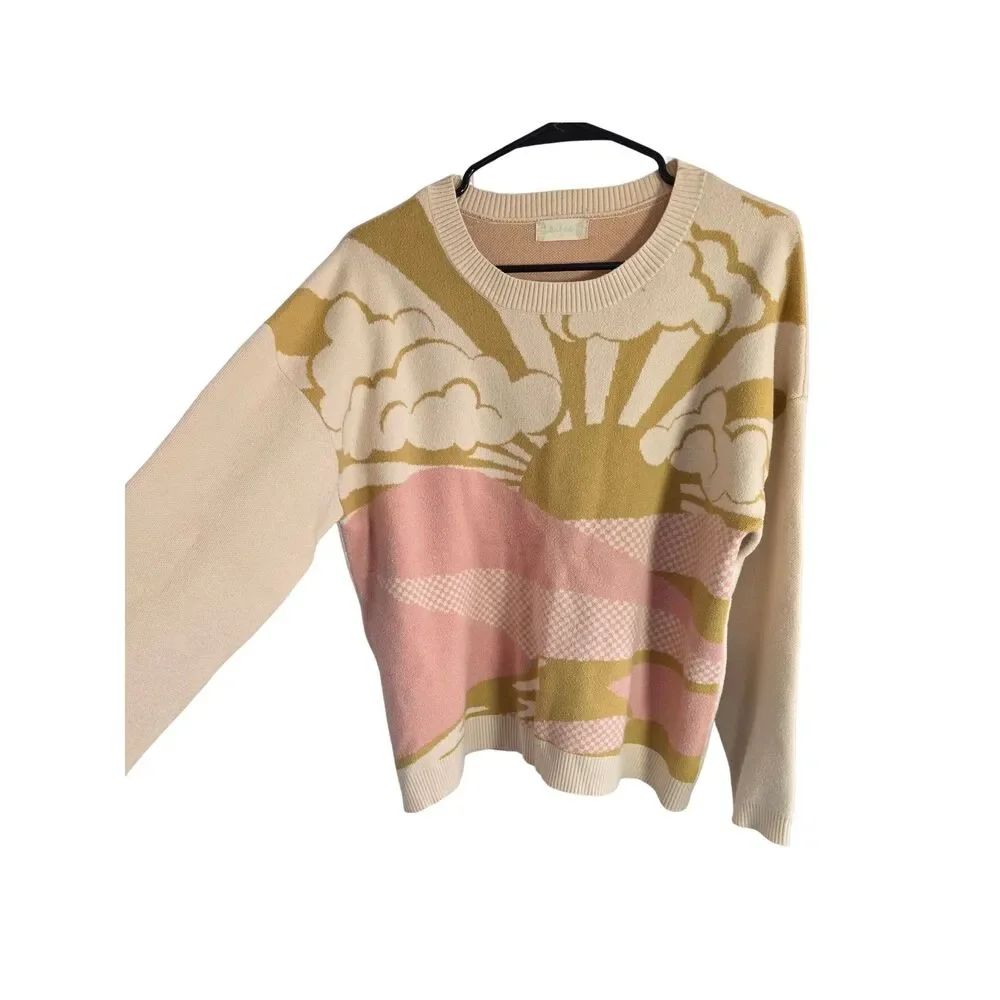 Altar'd State Sunset Horizon Knit Crewneck Sweater Medium Pink Yellow Cream